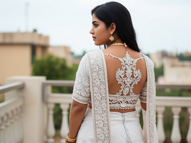 Indian young woman dressed in a white saree with intricate white embroidery , and elaborate traditional jewelry including bangles, earrings, and a necklace, her back turned to reveal the detailed work on the saree. And long black hair. The scene is set against a background of her on a balcony in Pakistan