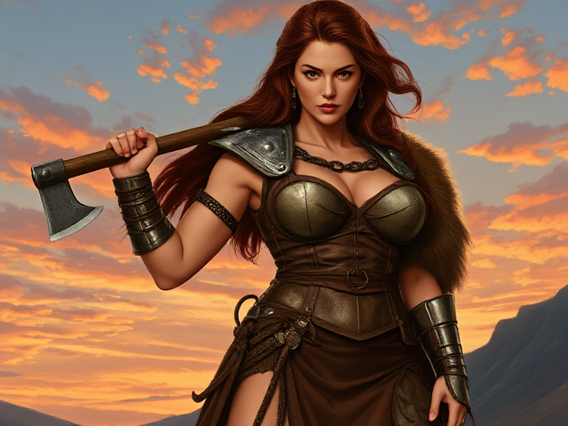 A tall, striking woman with a powerful, muscular physique. Her long, dark red hair cascades down her back with one side elegantly braided. A massive axe is slung over her shoulder and a whip hangs at her hip. Her intense, fierce gaze reflects a history of countless battles. She dons a leather dress adorned with metal plates and chainmail armor, complemented by a fur coat draped over her shoulders—merging elegance with defense. The armor is seamlessly integrated into her attire for both function and style. The scene conveys her strength and readiness for any challenge.