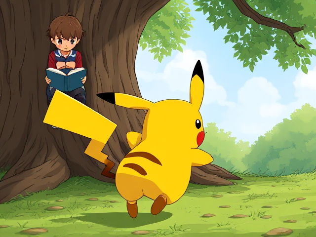 Un pikachu qui poursuit un garçon avec de cheveux longs et bruns ,à côté il y’a un garçon avec les cheveux courts et lisse qui lit un livre sur un arbre