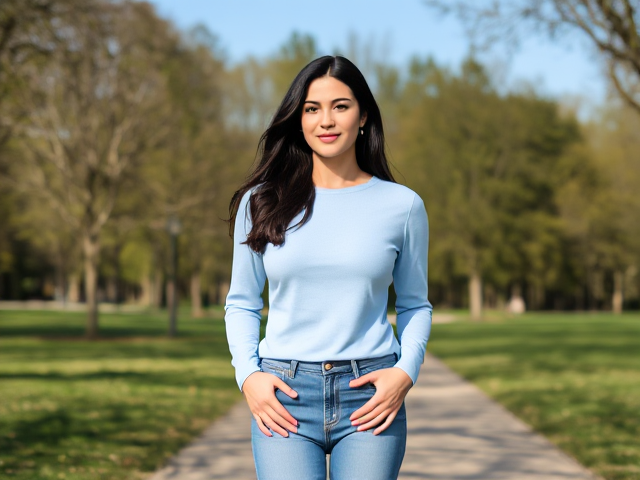 Model brunette with dark hair wearing a light blue long sleeve top and jeans on a walk in the park on a sunny day
