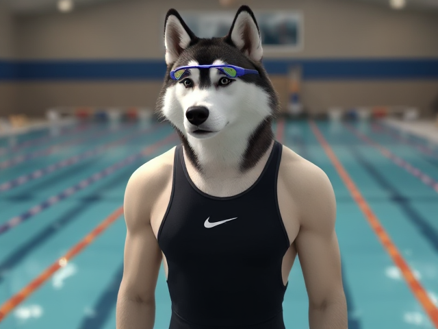 A tall anthropomorphic Siberian husky with a long torso and broad shoulders wearing a high cut Nike one piece swimsuit and swimming goggles at a high school swimming pool