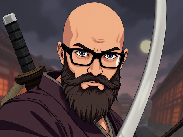 An anime art style image of A bald young Muslim man with a bushy beard wearing black-framed eyeglasses, as a Samurai fighting zombies in ancient Japan