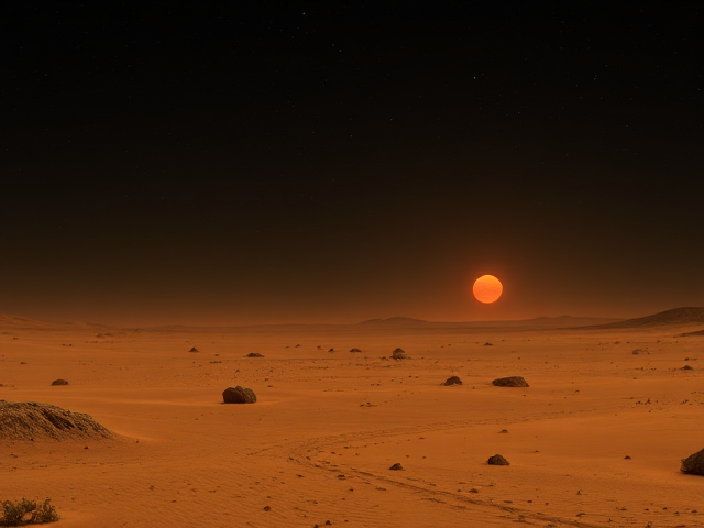 a desert planet. There are two red suns low on the distant horizon.