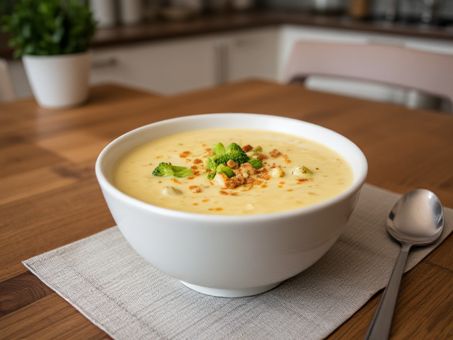 on a well appointed table in a modern kitchen we find This creamy broccoli cheese soup is comforting and keto-friendly. Loaded with flavor and low in carbs, it’s a great way to warm up your day. Easy to prepare and perfect for meal prep!