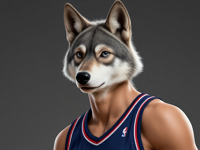 A tall and lean anthropomorphic gray wolf basketball player