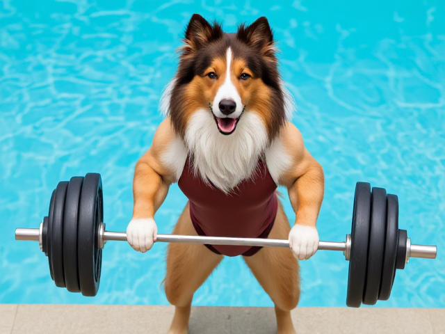 A anthropomorphic Rough collie wearing a swimsuit lifting a barbell by the pool