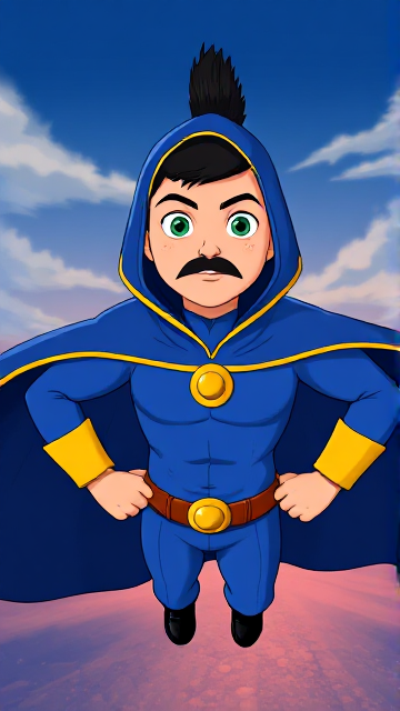 Cartoon scene: A preteen 12-year old boy with light skin and freckles on his cheeks named Kyle Lipton, but transformed into a superhero named Dr. Dimensionpants, who, despite still being a kid, has an extremely muscular body. He wears a tight blue hood outlined by a yellow line that covers the back half of his head and leaves his ears exposed, with a smooth, slicked back black mohawk on top. He also wears a sleek blue bodysuit outlined with yellow lines on the cuffs of the sleeves and pants, a golden belt with a circular buckle, black boots, and a really big, heel-length long, ultra-wide blue cape with a really big collar outlined with yellow lines wreathed around his neck held up by a golden button. The pupils in his eyes are green, and he has a long black twin moustache, which help protect his true identity in this form. He also has incredible, invincible, and cosmic superpowers flowing through his veins. He is currently flying through the sky high above Ganderville, the city he protects, searching for trouble.