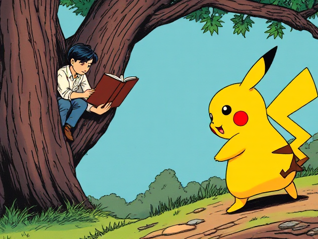 Un pikachu qui poursuit un garçon avec de cheveux longs et une queue de cheval à côté il y’a un garçon avec les cheveux courts et lisse qui lit un livre sur un arbre