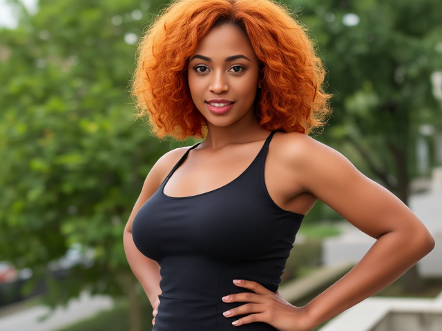 Mixed-race woman, vibrant curly orange hair with a lustrous sheen, voluptuous round hips emphasized by a form-fitting dress, medium-sized breasts in an elegant neckline, confident and graceful pose with an expressive demeanor, natural lighting highlighting her skin tone, soft background featuring lush greenery and a hint of urban landscape