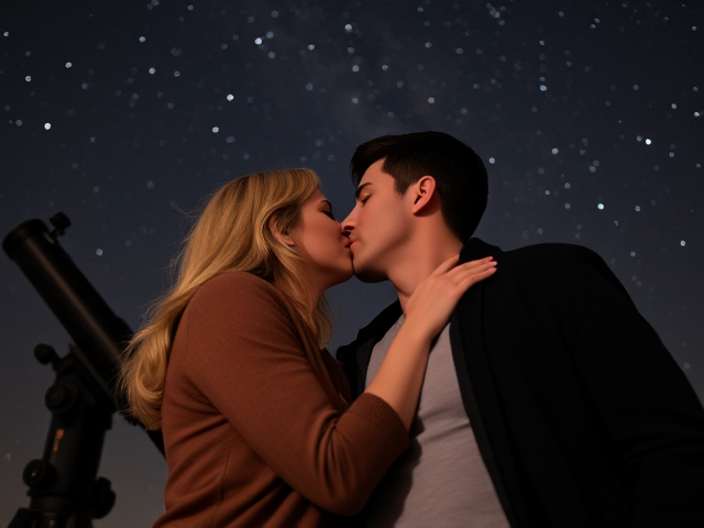Show an image of a blonde 40 year old woman passionately kissing a taller man beside a telescope with stars overhead. The man is 6r with dark hair and is clean shaven