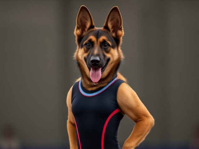 A German shepherd Olympic gymnast wearing a leotard