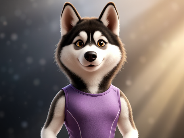 A Alaskan malamute Olympic gymnast wearing a leotard