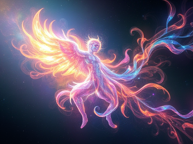 Imaginary ethereal being composed of swirling, radiant light with vibrant colors and intricate patterns, floating in a cosmic space background