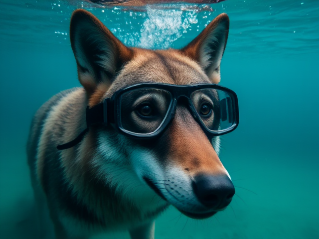 A wolf wearing Freediving goggles underwater
