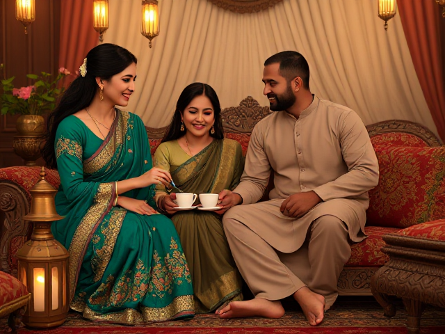 Generate a detailed, artistic illustration of a multigenerational Indian family in a warm, intimate setting. The scene should feature three individuals: a mature woman in her 55s with black hair and sensual posture, her daughter in her 35s with long flowing hair adorned with traditional ornaments, and her son-in-law dressed in traditional Muslim attire—think flowing, intricately embroidered kurtas for the women with vibrant colors like emerald green and royal blue, matching dupattas draped gracefully over their shoulders, and salwar kameez for the man with gold accents. Focus on rich fabrics such as silk and velvet, and intricate cultural motifs including paisley patterns and delicate handwork embroidery. The setting should be cozy and inviting, perhaps a softly lit room filled with warm tones from lanterns casting a golden glow, richly colored carpets underfoot, antique wooden furniture with detailed carvings, ornate brass lamps on tables, and embroidered cushions in deep reds and blues scattered around. The mood should be serene and affectionate; the family members are seated close together on an ornate sofa or large floor cushions sharing laughter or stories over tea served in traditional ceramic cups. Emphasize strong family bonds and cultural heritage through expressions of love and contentment on their faces. Avoid any explicit or inappropriate content; focus on elegance, warmth, respect, natural beauty without excessive makeup or modern accessories