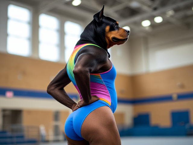 Anthropomorphic Rottweiler wearing a vibrant, colorful gymnastics leotard, highlighting strong and muscular hips, set in a lively gymnasium with bright lighting and energetic atmosphere