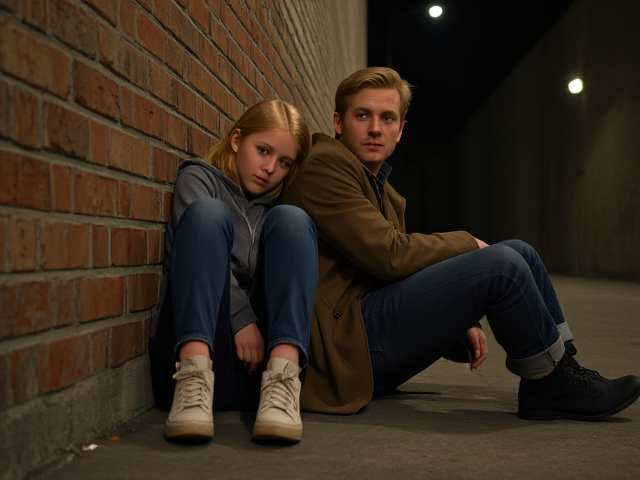 a petite, 13-year-old girl with strawberry blonde hair, wearing jeans and a hooded pullover, sits slumped with her back against a brick wall, feet forward, legs outstretched. Next to her sits a modern-day male vampire, 28 years old, with pale skin and blonde hair, dressed in jeans and a brown trenchcoat. The vampire is slumped against the wall as well, feet forwards, legs outstretched. The girl has a forlorn look and rests her head on the vampire's shoulder. Set at night in an abandoned warehouse, in a holding room with no windows. The vampire is roughed up from a fight. Both have their backs against the wall. 
The vampire looks straight ahead, worried..