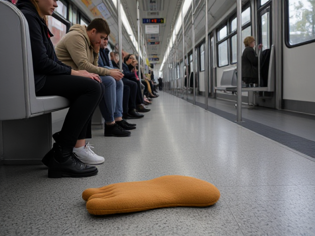 people sitting on bus stand with a foot shaped cushion on the floor