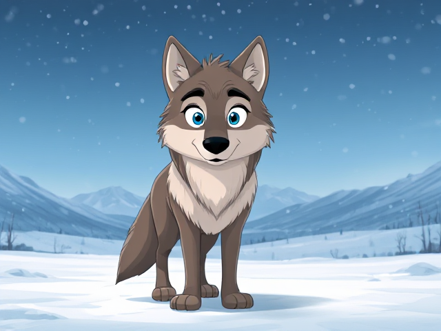 cartoon wolf with detailed fur and expressive eyes, standing in a vast snowy tundra landscape with gentle snowfall and distant mountains
