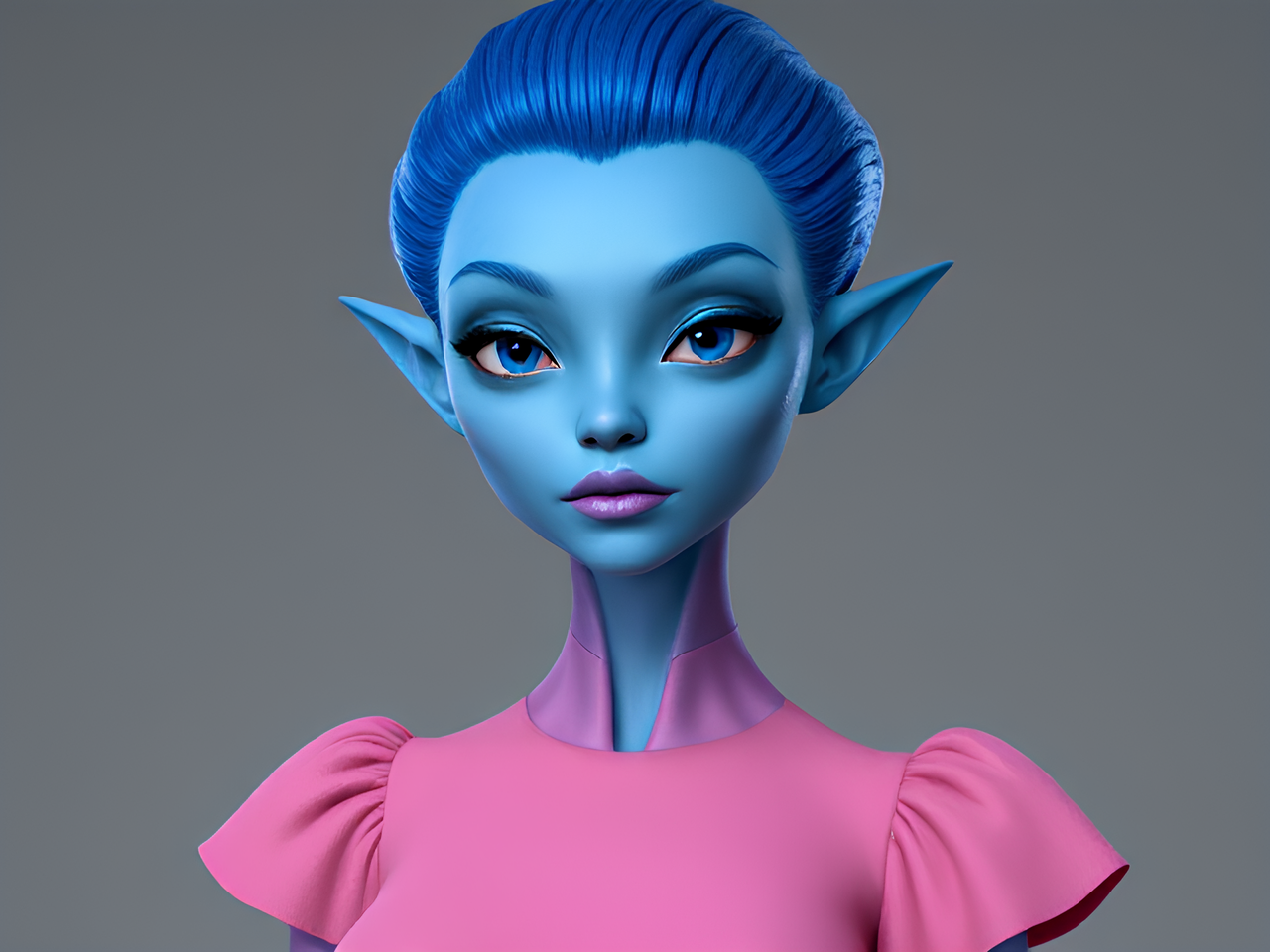 Create blue skin alien woman with blue hair  and wearing a pink dress realistic.