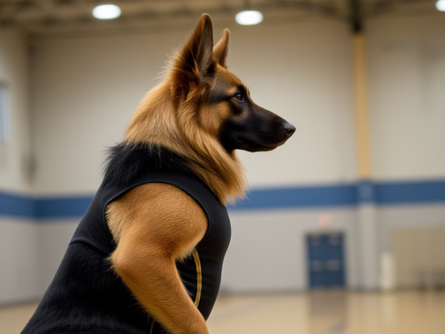 A anthropomorphic long haired German shepherd wearing a gymnastics leotard in a gymnasium