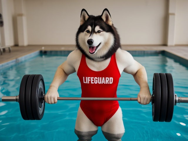 A anthropomorphic alaskan malamute wearing a red lifeguard one piece swimsuit lifting a barbell in a indoor pool