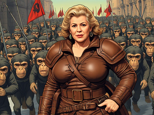 Fat older woman in brown leather armor leading army of monkey's