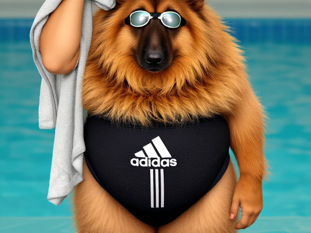 tall anthropomorphic long-haired German Shepherd, large hips, wearing Adidas swimsuit, swimming goggles, drying off with a towel, detailed fur texture