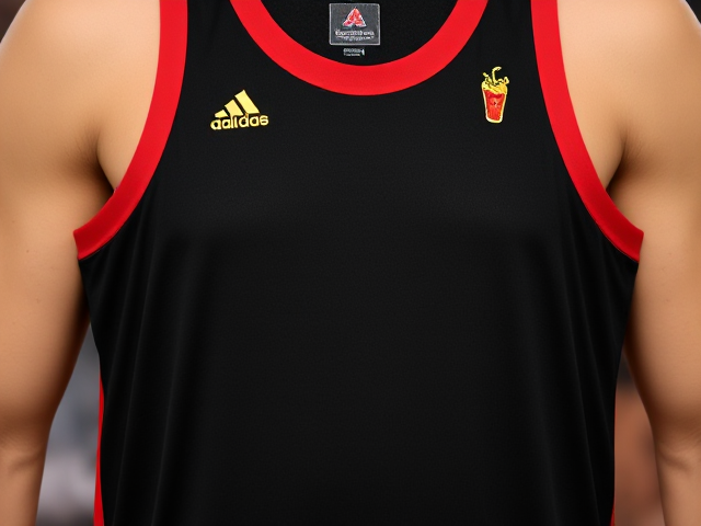 A black and red singlet for a sports team with gold accents and a hot chilli and nacho theme