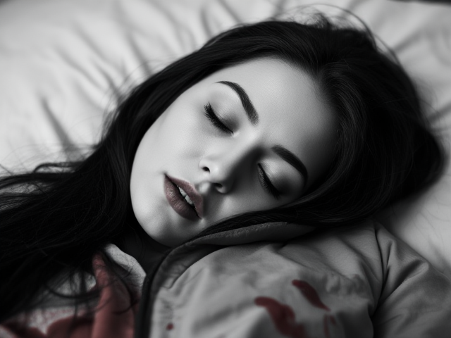 A stunning woman with long black hair and stitches on her forehead, sleeping in a jacket covered in red liquid, high contrast black and white photo, dramatic lighting, sharp details, shallow depth of field