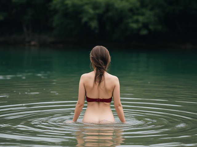 Woman standing in water back