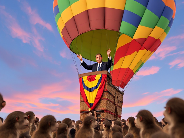 A charismatic president standing in a colorful hot air balloon, passionately delivering a speech to an attentive crowd of curious monkeys gathered on the ground below, with a vibrant sky as the backdrop