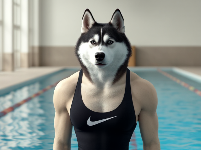 A tall anthropomorphic Siberian husky with a long torso and broad shoulders wearing a high cut Nike one piece swimsuit and swimming goggles, in a indoor swimming pool