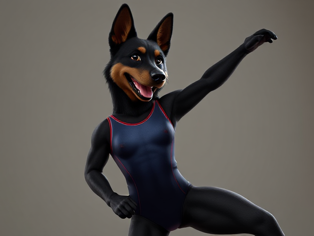 A anthropomorphic black German shepherd Olympic gymnast wearing a leotard