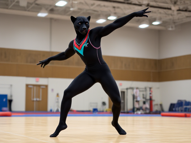 Anthropomorphic black panther with a sleek, athletic build, wearing a vibrant and colorful gymnastics leotard, performing an impressive routine in a brightly lit gymnasium. Gymnastic equipment like rings, parallel bars, and mats can be seen in the background. The panther is captured in a dynamic pose, showcasing grace and power