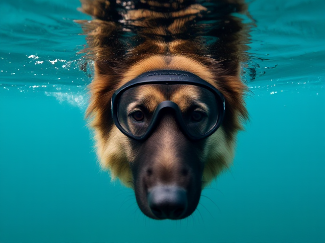 A long haired German shepherd wearing Freediving goggles floating on the surface of the water face down in the water