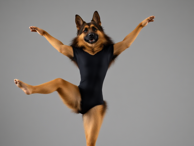 A anthropomorphic long haired German shepherd wearing a gymnastics leotard doing the spilts