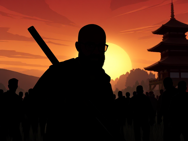 A animated image in the style of telltale walking dead,  a silhouette of a young bald Muslim man with a bushy beard and wearing black-framed eyeglasses holding a katana and wearing military gear while being surrounded by Zombies in a open field behind a Japanese temple.