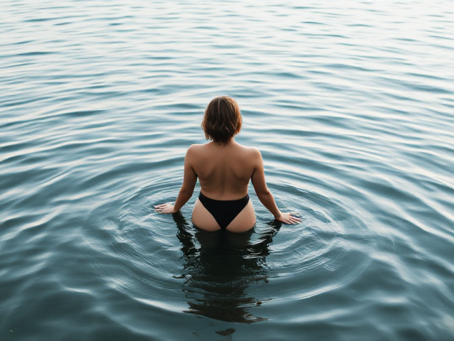Woman standing in water back