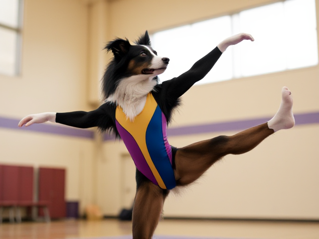 Anthropomorphic border collie performing gymnastics in a colorful leotard, inside a gymnasium setting, dynamic pose