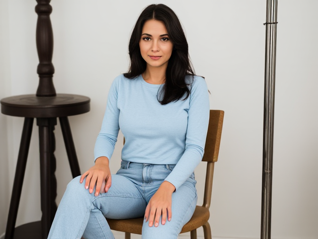 Brunette with dark hair wearing a light blue long sleeve t shirt and light blue jeans sitting on a chair next to a pillory
