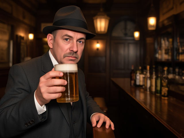 Realistic 1913 photo of a 55 year old, skinny German man, moustache, rounded bowler derby hat, wearing suit, standing at the end of a dark wood bar drinking a mug of beer in an old darkened saloon at night.