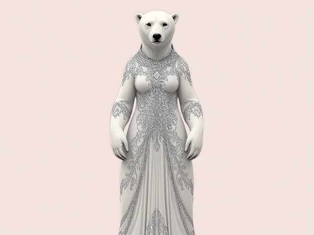 Image d'une femelle ours polaire 
Qui se tient debout de face 
Habillé d'une robe longue