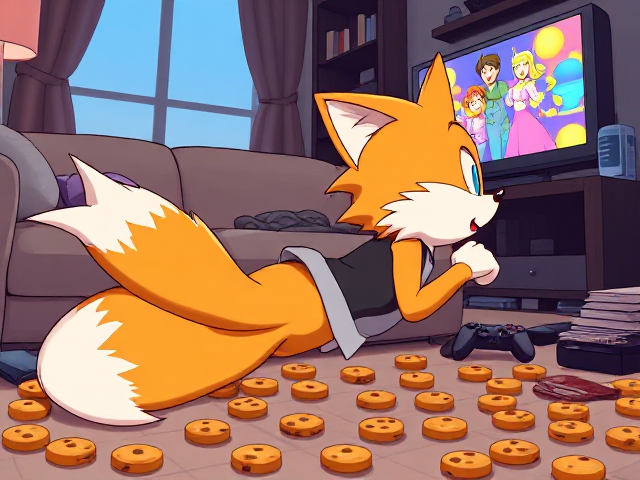 A highly detailed side view of Miles "Tails" Prower, the two-tailed fox, lying on his stomach on a cozy couch with plush cushions and a warm blanket, Tails’ legs are fully stretched out, intently watching TV while munching on cookies. The scene includes cookies scattered all over the floor in various shapes and sizes, some resting on his fluffy butt cheeks. The TV screen shows a colorful animated show, casting a soft glow over the room. Various items such as comic books, video game controllers, and a half-empty glass of milk are spread around the living area.