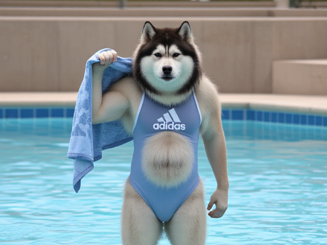 A tall anthropomorphic Alaskan malamute wearing an adidas swimsuit drying off with a towel