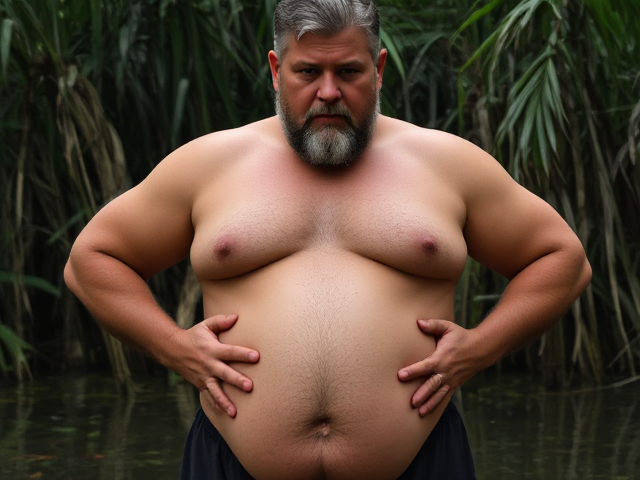 A broad, stocky shirtless middle age  man with fair skin, short unkept pepper hair and beard, strong Chest muscles  and  arm muscles, and a firm, and a plump round belly. A smaller old man stands directly behind the big man, and the smaller old man’s gently rests,  hugging and rubbing the big man’s plump belly. The big man’s arms rest at his side, letting the smaller old man rub and hug his belly. They are in a swampy jungle. The mood is tense and serious like the  smaller old man is training the middle age man.