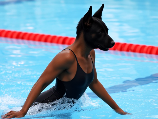 A female anthropomorphic black German shepherd Olympic swimmer with broad shoulders and a long torso wearing a one piece swimsuit
