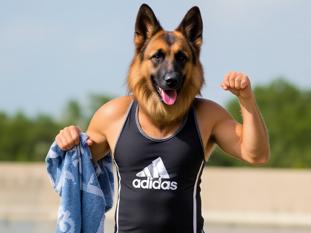 A tall anthropomorphic german shepherd wearing an adidas swimsuit drying off with a towel