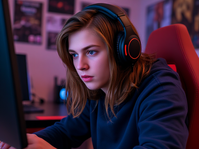 generate a 15-year-old man with long, flowing brown hair, wearing some dark blue sweatpants and a matching dark blue sweatshirt. He is intensely focused on gaming with a sleek black and red headset, seated in a vibrant gaming setup with LED lights softly illuminating his concentrated face. His expression shows determination as he engages in the game, surrounded by a modern room decorated with gaming posters and accessories. The scene captures the essence of an enthusiastic young gamer immersed in his virtual world. he has some acne