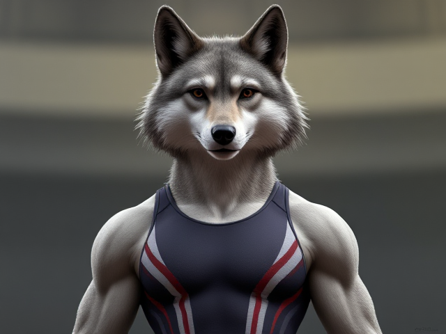 A tall anthropomorphic gray wolf Olympic gymnast with broad shoulders wearing a leotard